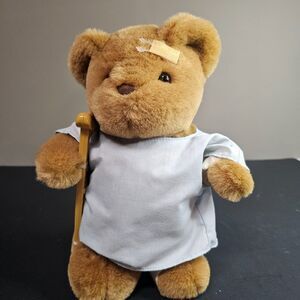 Vtg Get Well Soon 10” Plush Teddy Bear Crutches Bandage Cast Gown Jerry Elsner